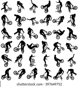 Bicycle stunts vector silhouette isolated on white background.  Freestyle ace ride performed trail bike tricks. Young man doing tricks in the air on a BMX bike. Cyclist acrobat public entertainment.