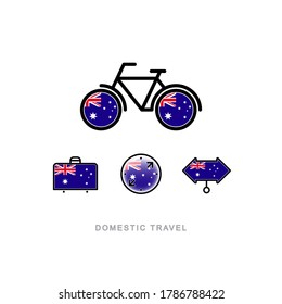 Bicycle, suitcase, compass, pointer with the national flag of AUSTRALIA. Domestic tourism icons set. Isolated objects. 