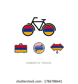 Bicycle, suitcase, compass, pointer with the national flag of ARMENIA. Domestic tourism icons set. Isolated objects. 