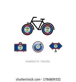 Bicicleta, maleta, brújula, puntero con la bandera nacional de BELIZE. Iconos de turismo doméstico. Objetos aislados. 