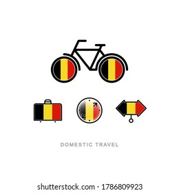 Bicicleta, maleta, brújula, puntero con la bandera nacional de BÉLGICA. Iconos de turismo doméstico. Objetos aislados. 