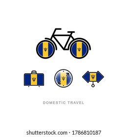 Bicycle, suitcase, compass, pointer with the national flag of BARBADOS. Domestic tourism icons set. Isolated objects. 
