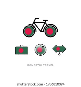 Bicycle, suitcase, compass, pointer with the national flag of BANGLADESH. Domestic tourism icons set. Isolated objects.