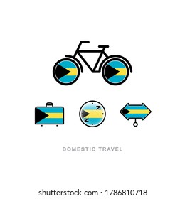 Bicycle, suitcase, compass, pointer with the national flag of BAHAMAS. Domestic tourism icons set. Isolated objects. 