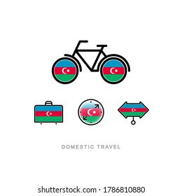 Bicycle, suitcase, compass, pointer with the national flag of AZERBAIJAN. Domestic tourism icons set. Isolated objects.