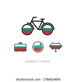Bicycle, suitcase, compass, pointer with the national flag of BULGARIA. Domestic tourism icons set. Isolated objects. 