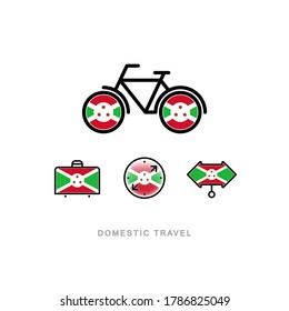 Fahrrad, Koffer, Kompass, Zeiger mit der nationalen Flagge von BURUNDI. Symbole für den inländischen Tourismus. Isolierte Objekte. 