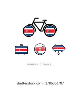 Fahrrad, Koffer, Kompass, Zeiger mit der nationalen Flagge von COSTA RICA. Symbole für den inländischen Tourismus. Isolierte Objekte.