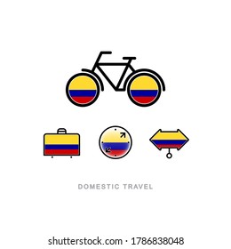 Bicycle, suitcase, compass, pointer with the national flag of COLOMBIA. Domestic tourism icons set. Isolated objects. 