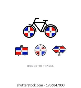 Bicycle, suitcase, compass, pointer with the national flag of DOMINICAN REPUBLIC. Domestic tourism icons set. Isolated objects.