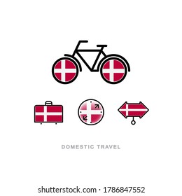 Bicycle, suitcase, compass, pointer with the national flag of DENMARK. Domestic tourism icons set. Isolated objects. 