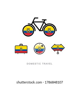Bicycle, suitcase, compass, pointer with the national flag of ECUADOR. Domestic tourism icons set. Isolated objects. 
