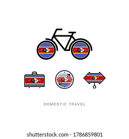 Bicycle, suitcase, compass, pointer with the national flag of ESVATINI. Domestic tourism icons set. Isolated objects. 
