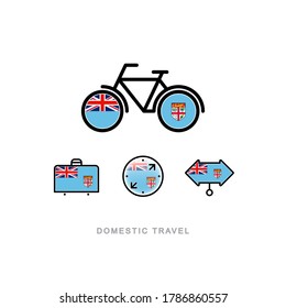 Bicycle, suitcase, compass, pointer with the national flag of FIJI. Domestic tourism icons set. Isolated objects. 
