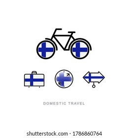 Bicycle, suitcase, compass, pointer with the national flag of FINLAND. Domestic tourism icons set. Isolated objects. 