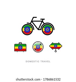 Bicycle, suitcase, compass, pointer with the national flag of ETHIOPIA. Domestic tourism icons set. Isolated objects. 