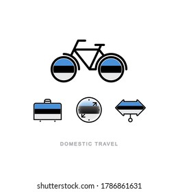 Bicycle, suitcase, compass, pointer with the national flag of ESTONIA. Domestic tourism icons set. Isolated objects. 