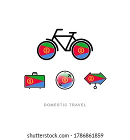 Bicycle, suitcase, compass, pointer with the national flag of ERITREA. Domestic tourism icons set. Isolated objects. 