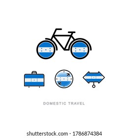 Bicycle, suitcase, compass, pointer with the national flag of HONDURAS. Domestic tourism icons set. Isolated objects. 