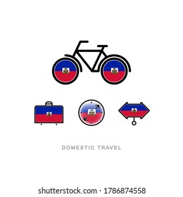Bicycle, suitcase, compass, pointer with the national flag of HAITI. Domestic tourism icons set. Isolated objects. 