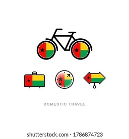 Bicycle, suitcase, compass, pointer with the national flag of GUINEA-BISSAU. Domestic tourism icons set. Isolated objects. 