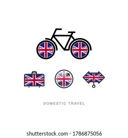 Bicycle, suitcase, compass, pointer with the national flag of GREAT BRITAIN. Domestic tourism icons set. Isolated objects.