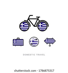 Bicycle, suitcase, compass, pointer with the national flag of GREECE. Domestic tourism icons set. Isolated objects. 