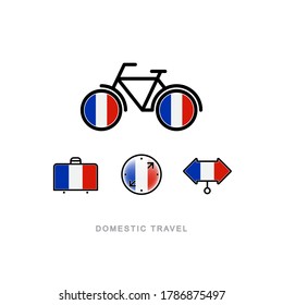 Bicycle, suitcase, compass, pointer with the national flag of FRANCE. Domestic tourism icons set. Isolated objects. 