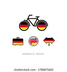 Bicycle, suitcase, compass, pointer with the national flag of GERMANY. Domestic tourism icons set. Isolated objects. 