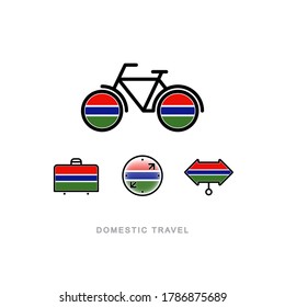 Bicycle, suitcase, compass, pointer with the national flag of GAMBIA. Domestic tourism icons set. Isolated objects. 