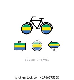 Bicicleta, maleta, brújula, puntero con la bandera nacional de GABON. Iconos de turismo doméstico. Objetos aislados. 