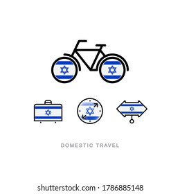 Bicycle, suitcase, compass, pointer with the national flag of ISRAEL. Domestic tourism icons set. Isolated objects. 