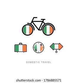 Bicycle, suitcase, compass, pointer with the national flag of IRELAND. Domestic tourism icons set. Isolated objects. 