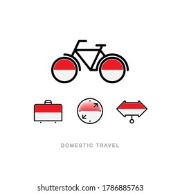 Fahrrad, Koffer, Kompass, Zeiger mit der nationalen Flagge von INDONESIEN. Symbole für den inländischen Tourismus. Isolierte Objekte. 