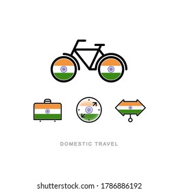 Bicycle, suitcase, compass, pointer with the national flag of INDIA. Domestic tourism icons set. Isolated objects. 