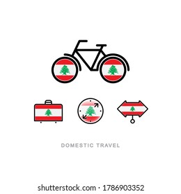 Bicicleta, maleta, brújula, puntero con la bandera nacional del LÍBANO. Iconos de turismo doméstico. Objetos aislados. 