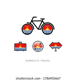 Bicycle, suitcase, compass, pointer with the national flag of KIRIBATI. Domestic tourism icons set. Isolated objects. 