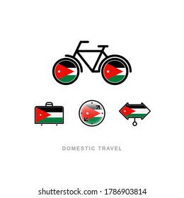Bicycle, suitcase, compass, pointer with the national flag of JORDAN. Domestic tourism icons set. Isolated objects. 