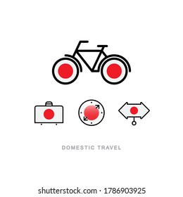 Bicycle, suitcase, compass, pointer with the national flag of JAPAN. Domestic tourism icons set. Isolated objects. 
