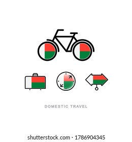 Fahrrad, Koffer, Kompass, Zeiger mit der nationalen Flagge von MADAGASCAR. Symbole für den inländischen Tourismus. Isolierte Objekte.