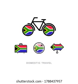 Bicycle, suitcase, compass, pointer with the national flag of SOUTH AFRICA. Domestic tourism icons set. Isolated objects. 