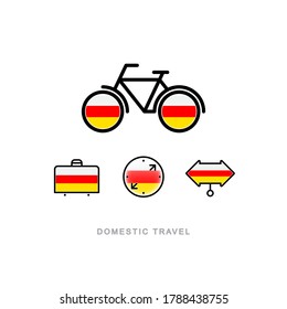 Bicicleta, maleta, brújula, puntero con la bandera nacional de OSSETIA DEL SUR. Iconos de turismo doméstico. Objetos aislados. 
