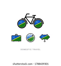 Bicycle, suitcase, compass, pointer with the national flag of SOLOMON ISLANDS. Domestic tourism icons set. Isolated objects. 