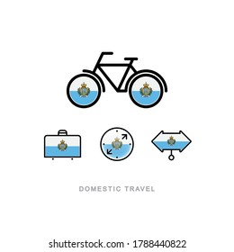 Bicycle, suitcase, compass, pointer with the national flag of SAN MARINO. Domestic tourism icons set. Isolated objects. 