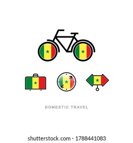 Bicicleta, maleta, brújula, puntero con la bandera nacional de SENEGAL. Iconos de turismo doméstico. Objetos aislados. 