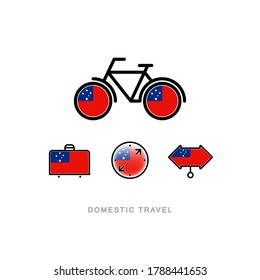 Bicycle, suitcase, compass, pointer with the national flag of SAMOA. Domestic tourism icons set. Isolated objects. 