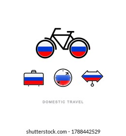 Bicycle, suitcase, compass, pointer with the national flag of RUSSIA. Domestic tourism icons set. Isolated objects. 