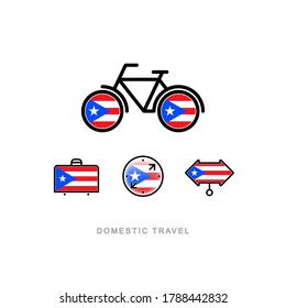 Bicycle, suitcase, compass, pointer with the national flag of PUERTO RICO. Domestic tourism icons set. Isolated objects. 