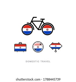 Bicicleta, maleta, brújula, puntero con la bandera nacional de PARAGUAY. Iconos de turismo doméstico. Objetos aislados. 