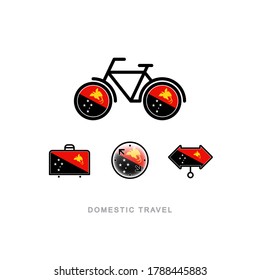 Bicicleta, maleta, brújula, puntero con la bandera nacional de PAPUA NUEVA GUINEA. Iconos de turismo doméstico. Objetos aislados. 